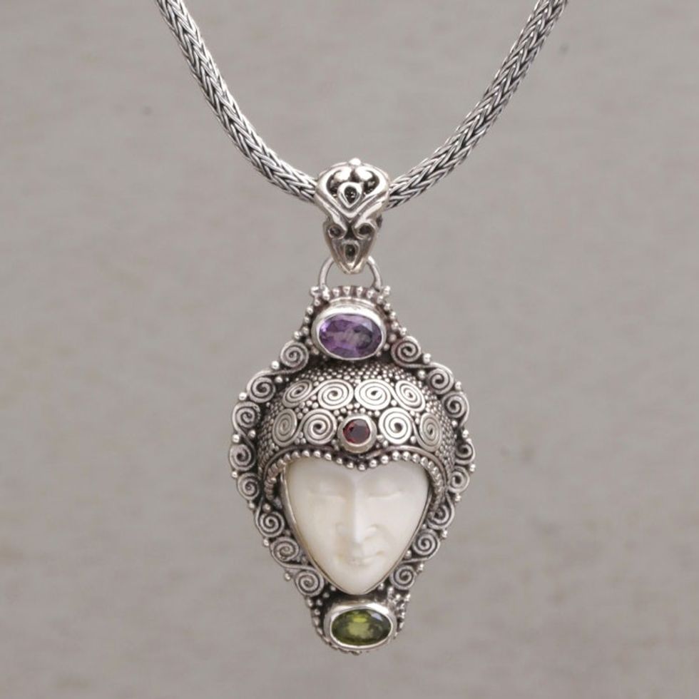 Multi-Gem Silver Face-Shaped Pendant Necklace from Bali 'Sukawati King'