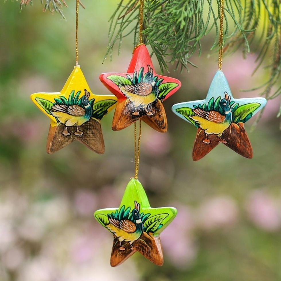 Hand Painted Star Ornaments with Ducklings Set of 4 'Island Ducklings'