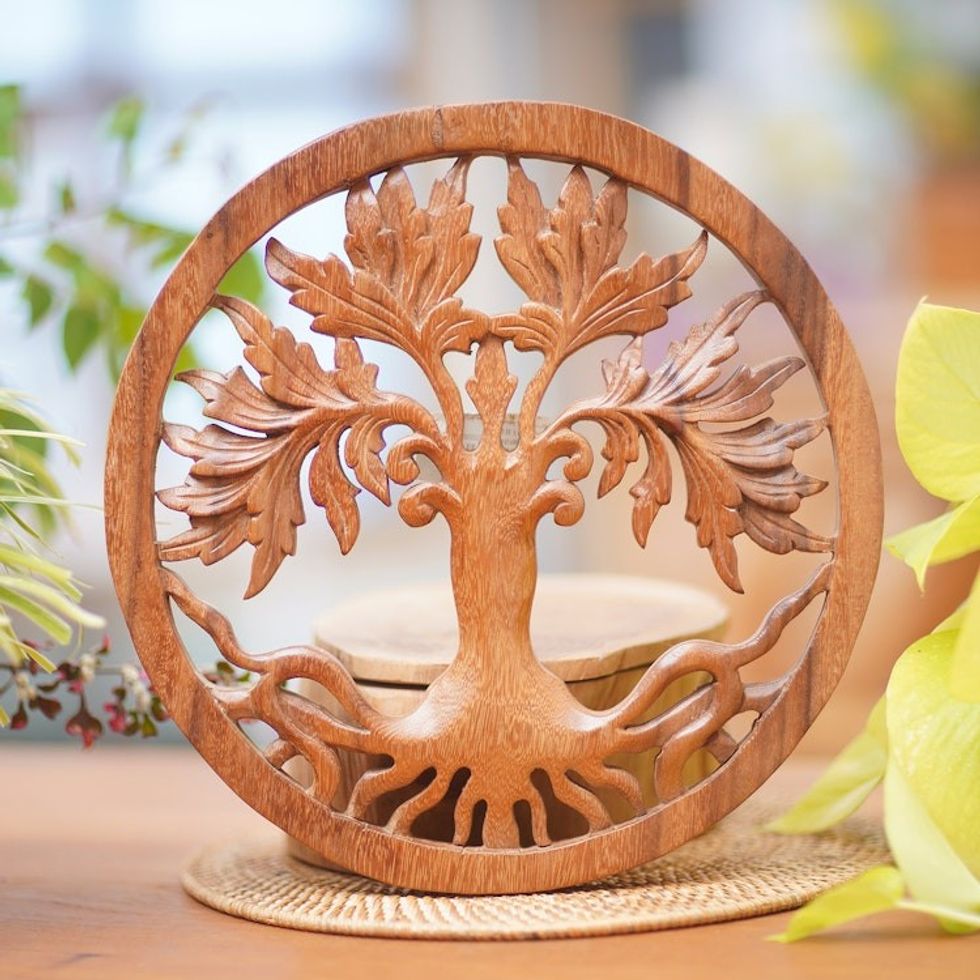 Balinese Crafted Plant Wood Wall Relief Panel 'Chaya'