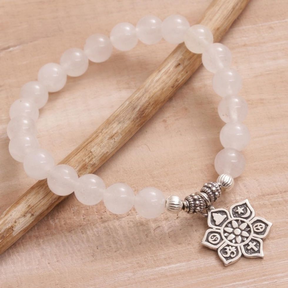 Moonstone Beaded Stretch Bracelet from Bali 'Unity Flower'