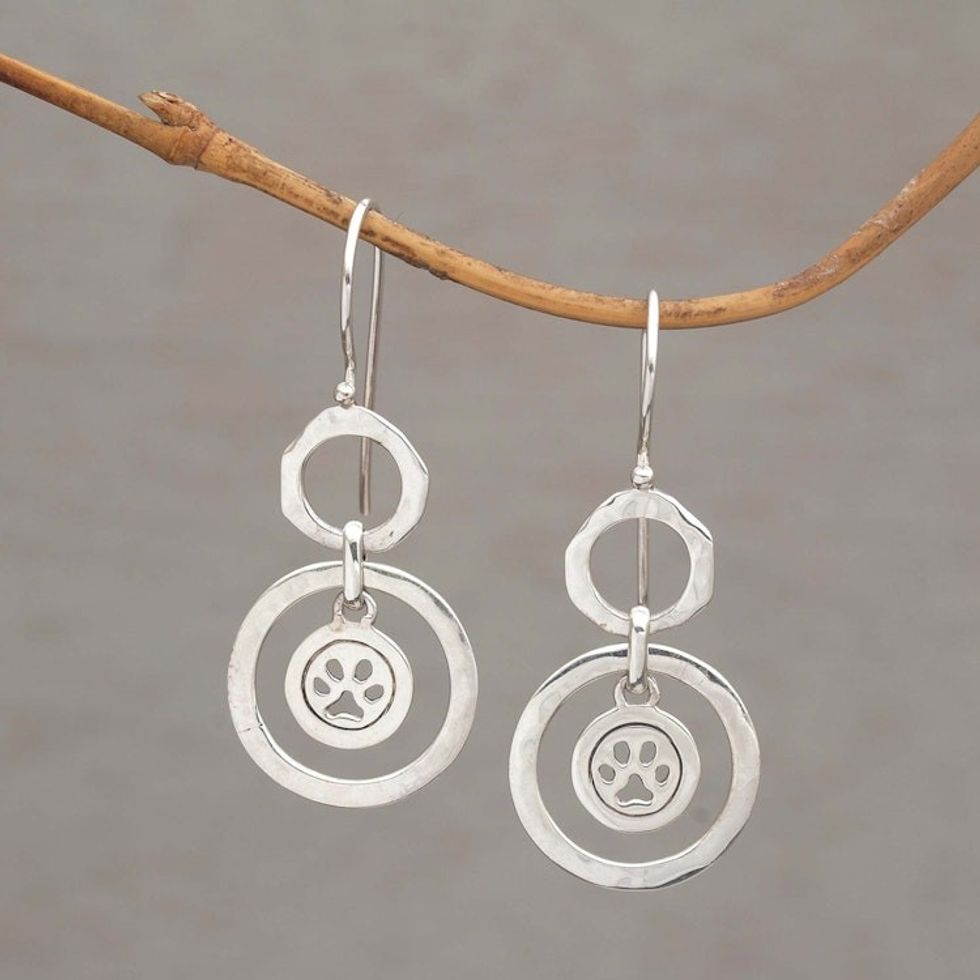 Paw Print Motif Sterling Silver Dangle Earrings from Bali 'Dancing Paws'