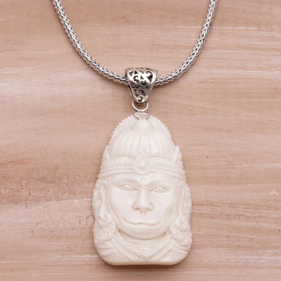 Sterling Silver and Bone Hindu Pendant Necklace from Bali 'Supreme Hanuman'