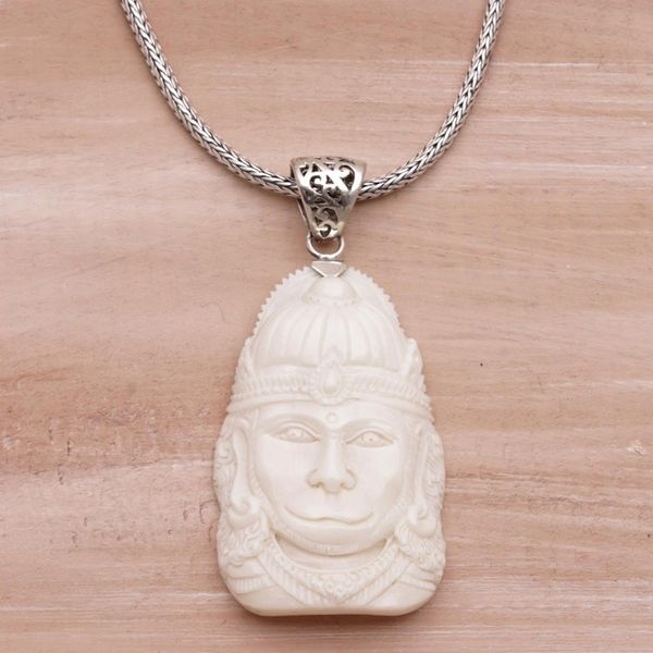 Alternate image for Sterling Silver and Bone Hindu Pendant Necklace from Bali Supreme Hanuman