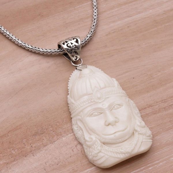 Alternate image for Sterling Silver and Bone Hindu Pendant Necklace from Bali Supreme Hanuman