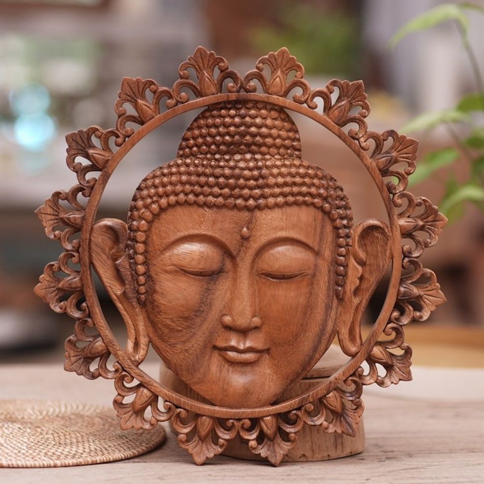 Hand Carved Buddha Face Wall Panel with Floral Engravings 'Buddha Face'