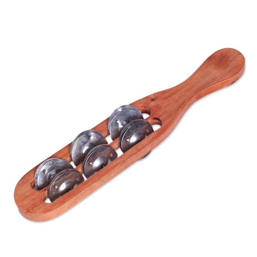 Artisan Hand Crafted Teak Wood Stainless Steel Tambourine 'Harmonious Rod'