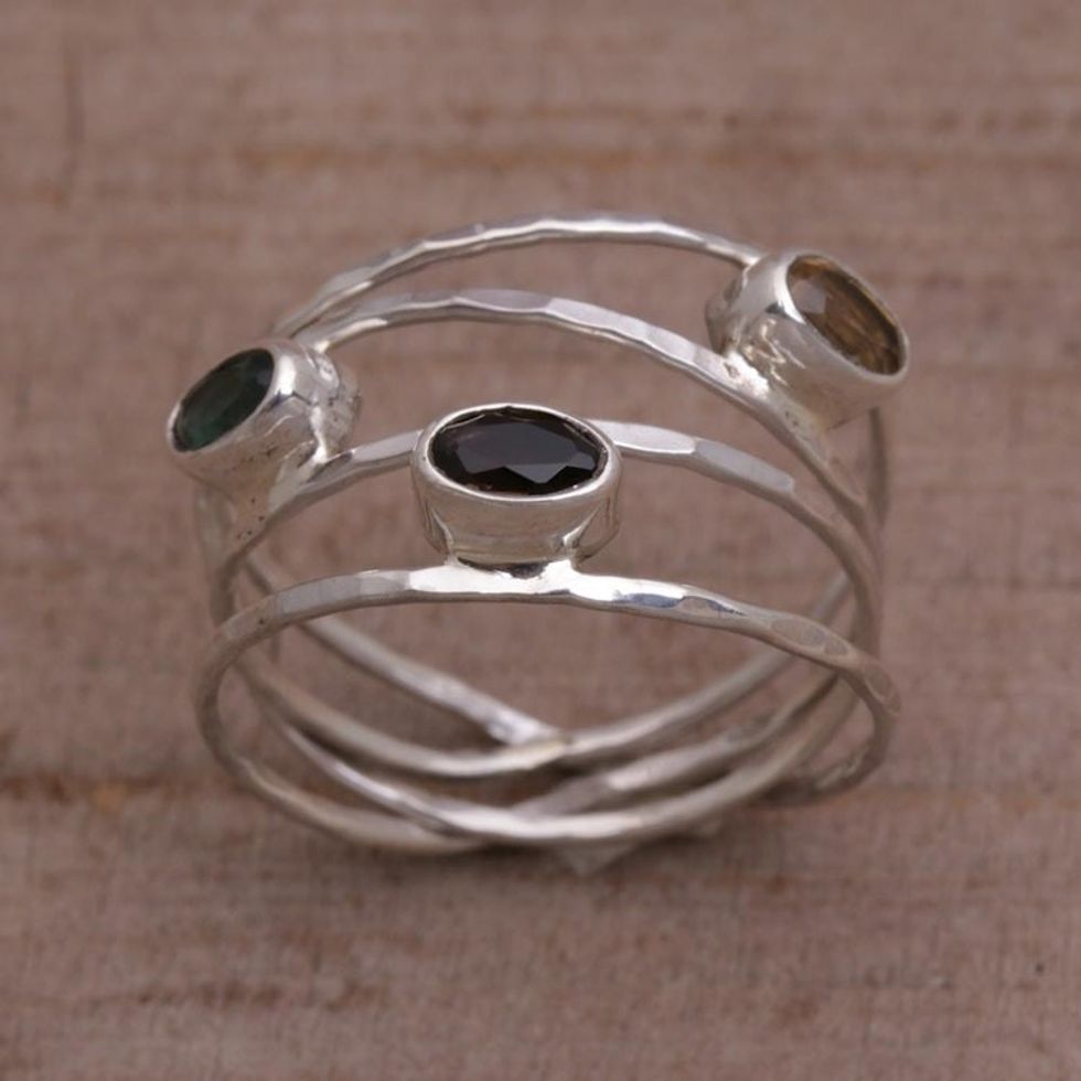 Green and Smoky Quartz and Citrine Ring from Bali 'Bold Majesty'