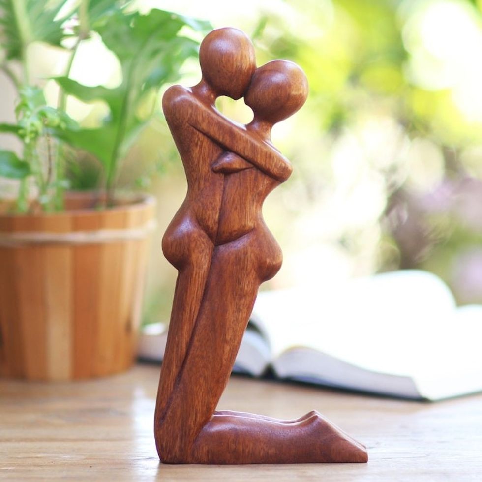 Hand Carved Romantic Suar Wood Statuette from Bali 'Kneeling Embrace'