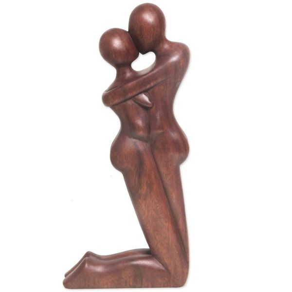 Alternate image for Hand Carved Romantic Suar Wood Statuette from Bali Kneeling Embrace