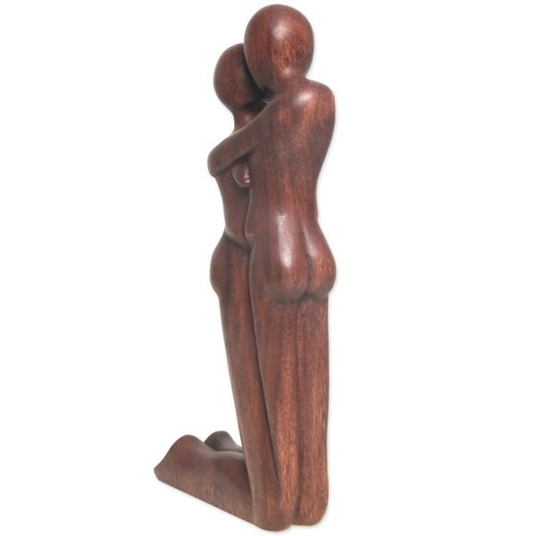 Alternate image for Hand Carved Romantic Suar Wood Statuette from Bali Kneeling Embrace