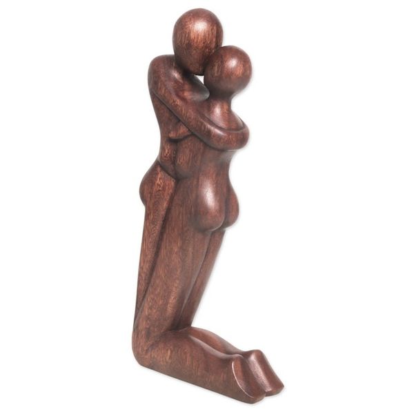 Alternate image for Hand Carved Romantic Suar Wood Statuette from Bali Kneeling Embrace