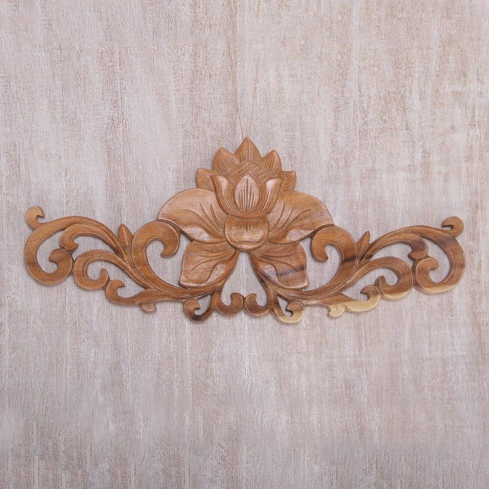 Suar Wood Lotus Flower Relief Panel from Bali 'Lotus Vine'