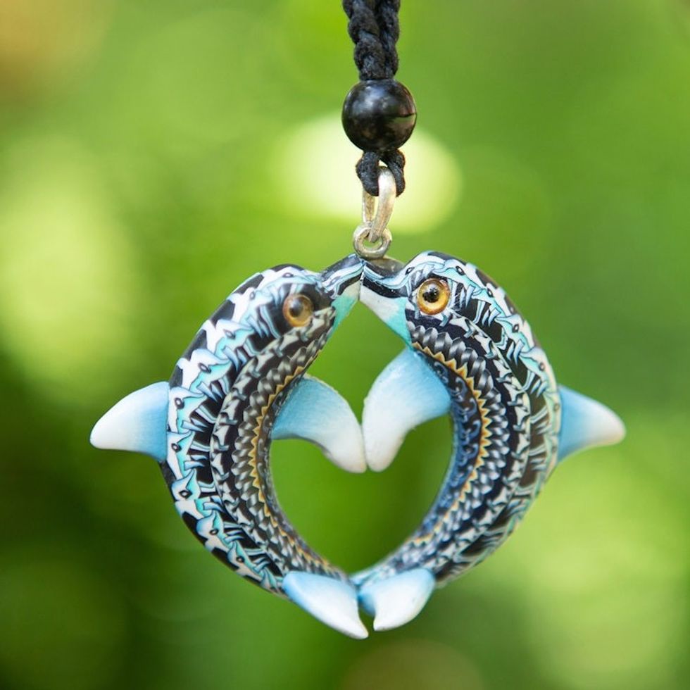 Handmade Polymer Clay Dolphin Pendant Necklace Indonesia 'Dolphin Twins'