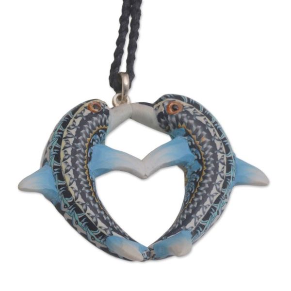 Alternate image for Handmade Polymer Clay Dolphin Pendant Necklace Indonesia Dolphin Twins