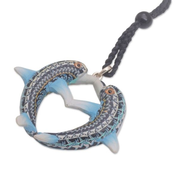 Alternate image for Handmade Polymer Clay Dolphin Pendant Necklace Indonesia Dolphin Twins