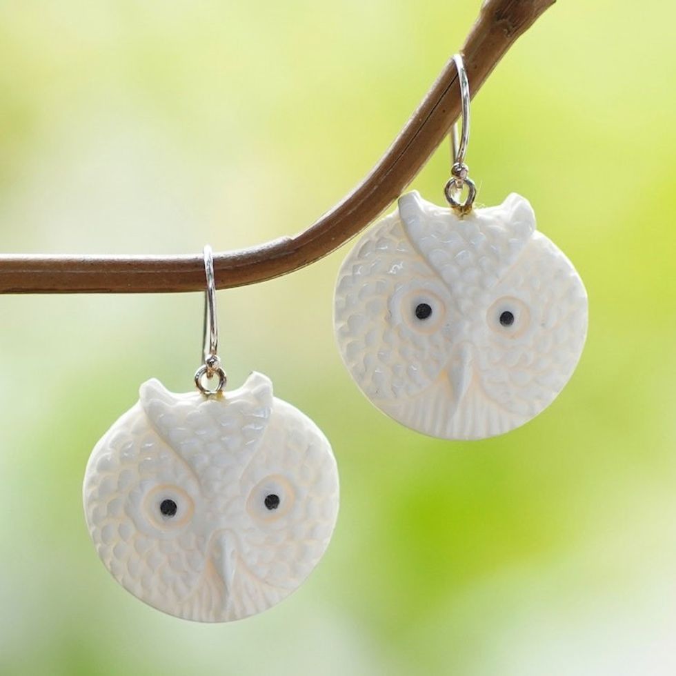 Handcrafted Bone Owl Head Dangle Earrings from Bali 'Owl Faces'