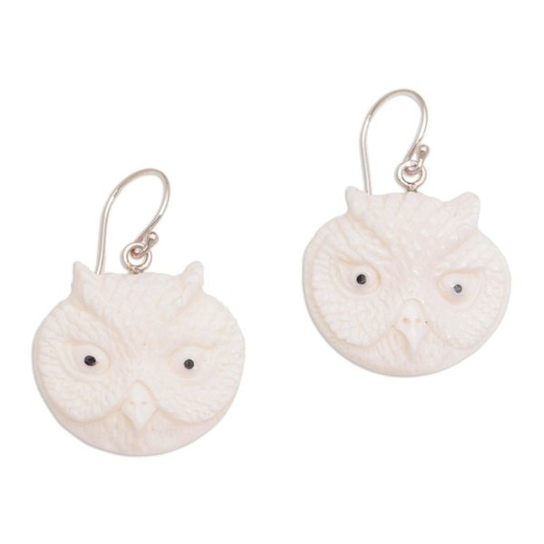 Alternate image for Handcrafted Bone Owl Head Dangle Earrings from Bali Owl Faces
