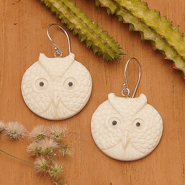 Alternate image for Handcrafted Bone Owl Head Dangle Earrings from Bali Owl Faces