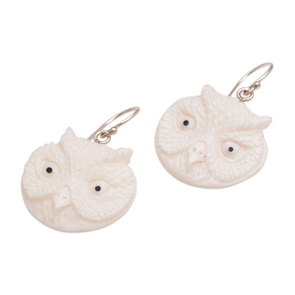 Alternate image for Handcrafted Bone Owl Head Dangle Earrings from Bali Owl Faces