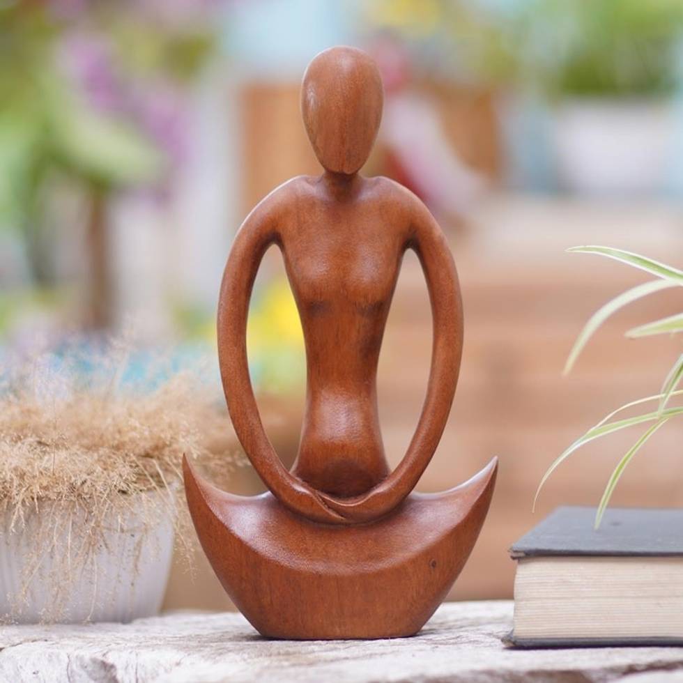 Handcrafted Suar Wood Meditation Sculpture from Bali 'Maternal Meditation'