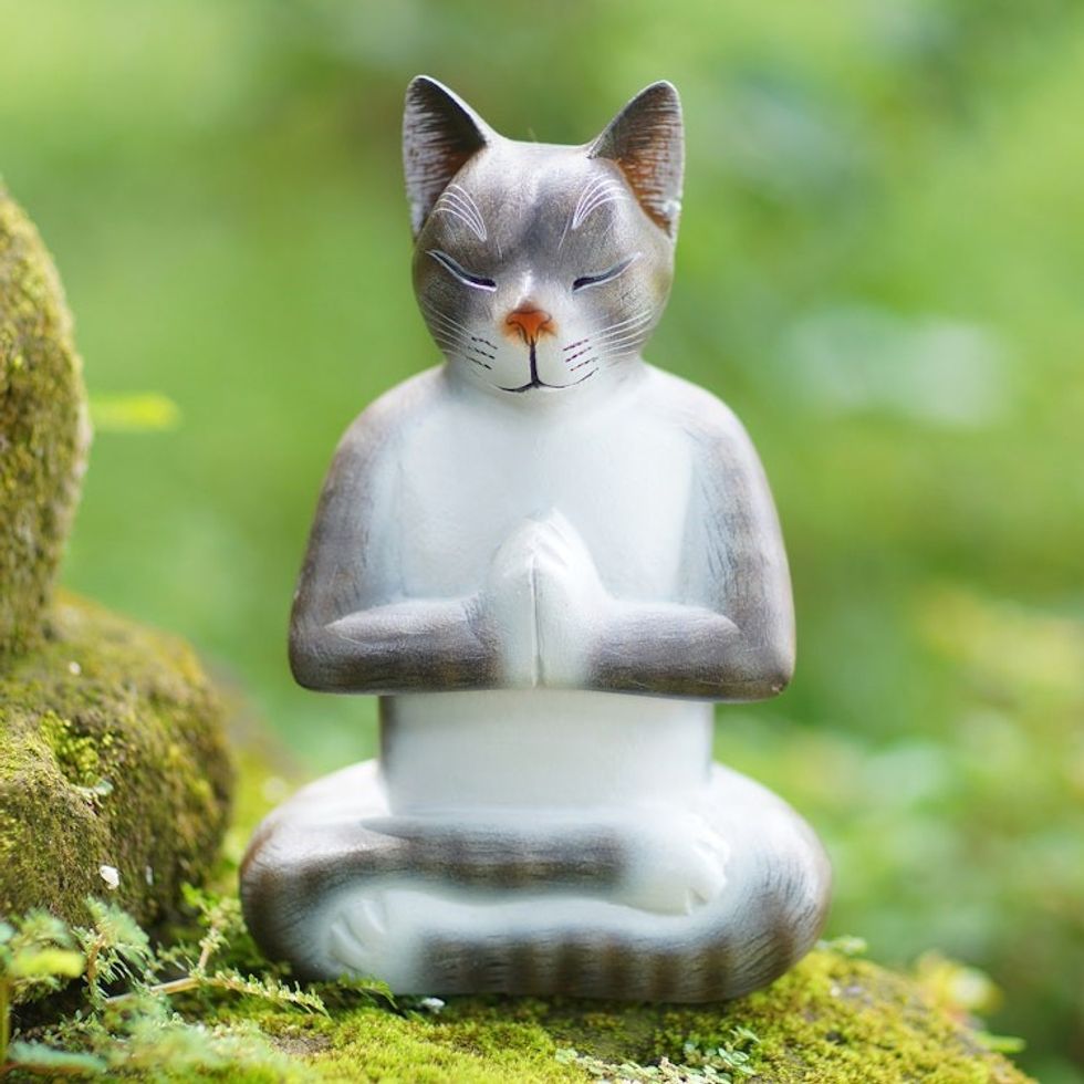 Painted Suar Wood Sculpture of a Meditating Cat from Bali 'Grey Cat in Deep Meditation'