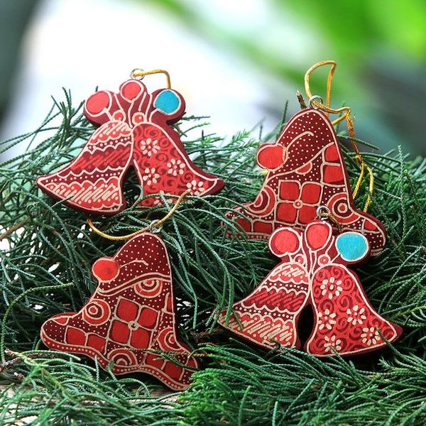 Alternate image for Batik Wadang Wood Bell Ornaments Set of 4 from Java Java Jingle