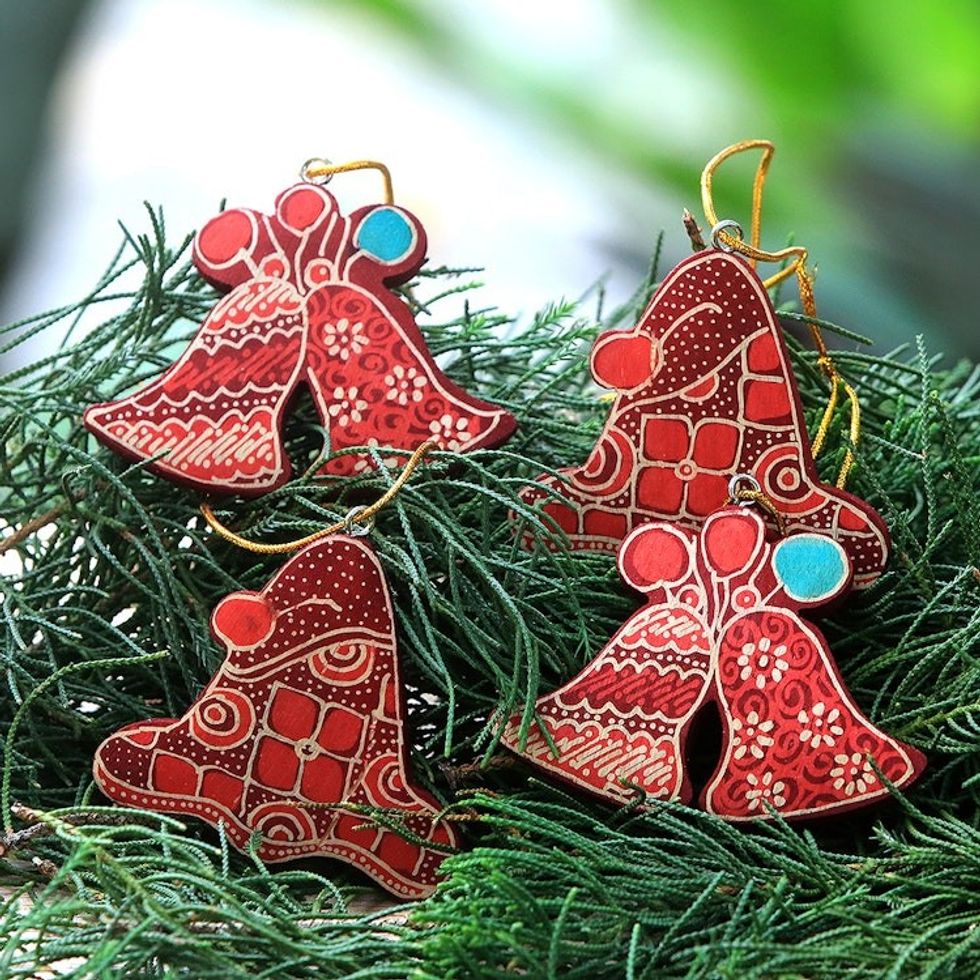 Batik Wadang Wood Bell Ornaments Set of 4 from Java 'Java Jingle'