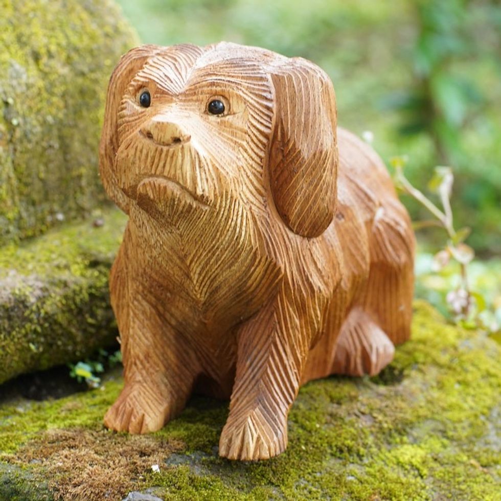 Hand-Carved Suar Wood and Onyx Dog Sculpture from Bali 'Havanese Dog'