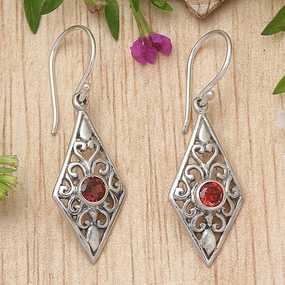 Handmade Garnet and Sterling Silver Dangle Earrings 'Diamond Vines'