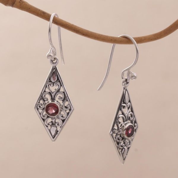 Alternate image for Handmade Garnet and Sterling Silver Dangle Earrings Diamond Vines
