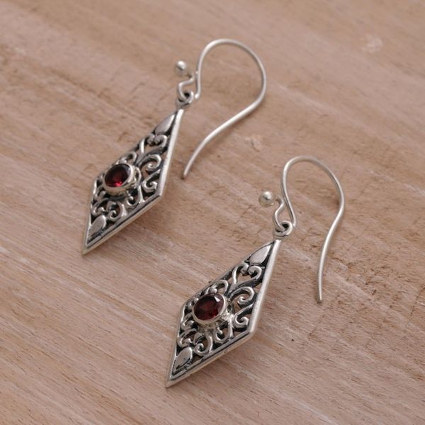 Alternate image for Handmade Garnet and Sterling Silver Dangle Earrings Diamond Vines
