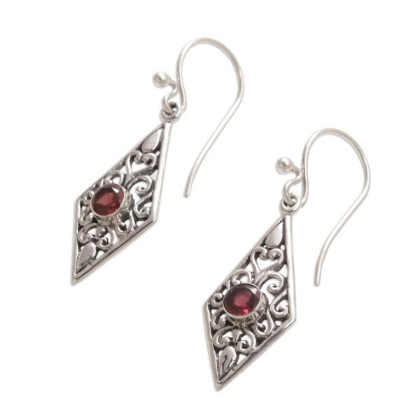 Alternate image for Handmade Garnet and Sterling Silver Dangle Earrings Diamond Vines