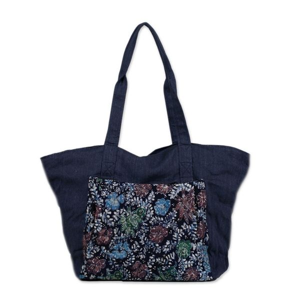 Alternate image for Handmade Navy Cotton Batik Tote Bag from Indonesia Gleeful Garden