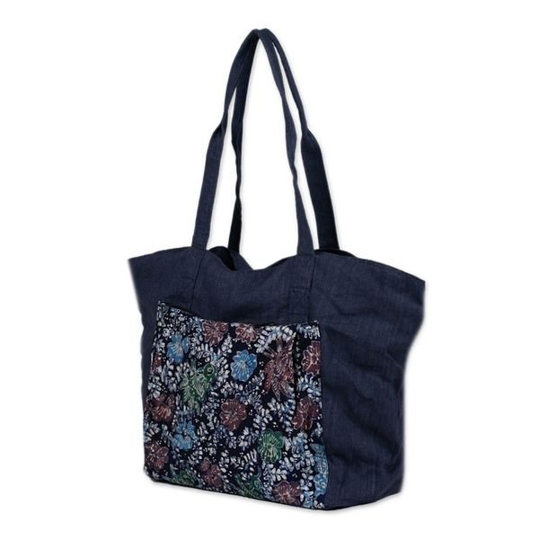 Alternate image for Handmade Navy Cotton Batik Tote Bag from Indonesia Gleeful Garden