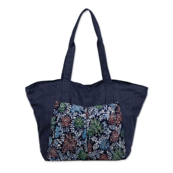 Alternate image for Handmade Navy Cotton Batik Tote Bag from Indonesia Gleeful Garden