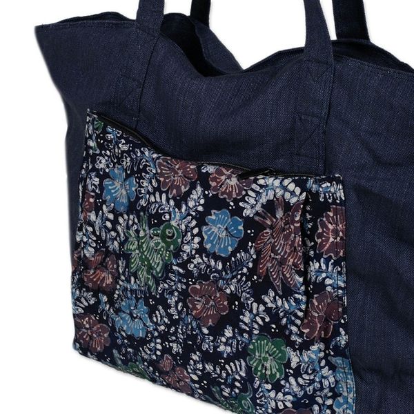 Alternate image for Handmade Navy Cotton Batik Tote Bag from Indonesia Gleeful Garden