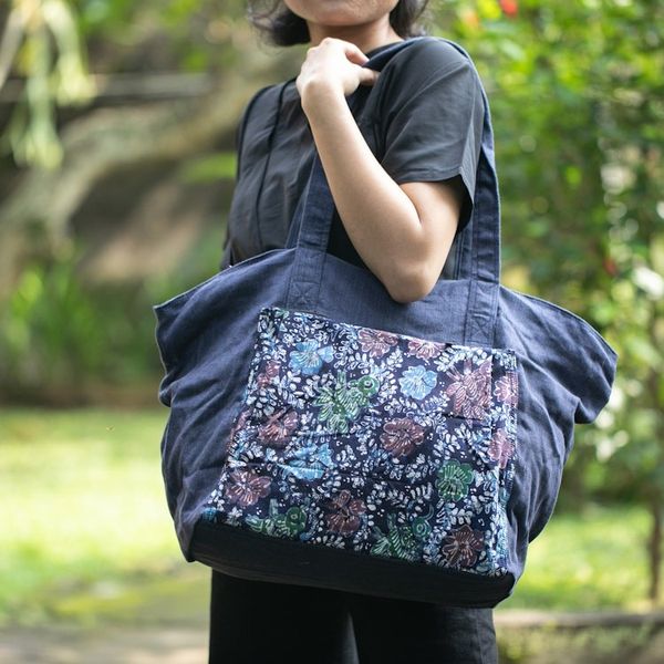 Alternate image for Handmade Navy Cotton Batik Tote Bag from Indonesia Gleeful Garden