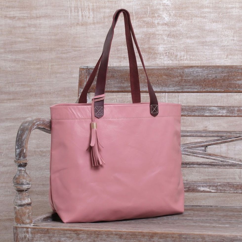 Large Indonesian Hand Crafted Pink Leather Tote Bag 'Balinese Abundance'
