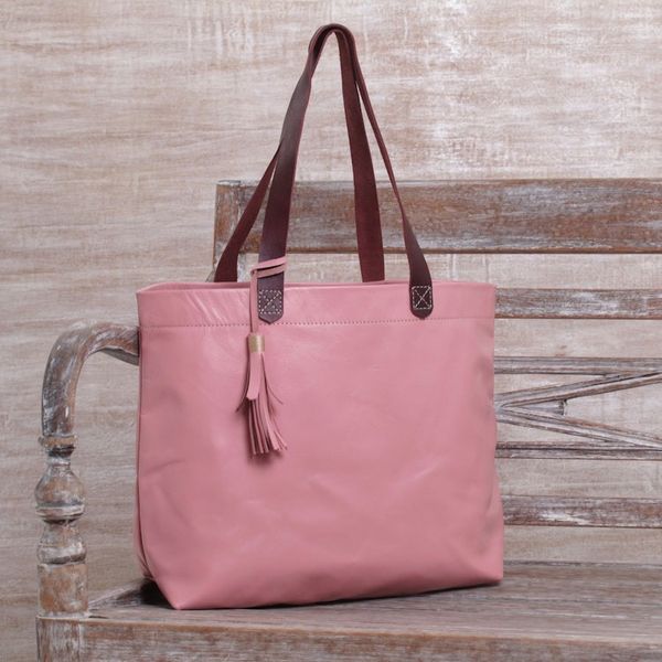 Alternate image for Large Indonesian Hand Crafted Pink Leather Tote Bag Balinese Abundance