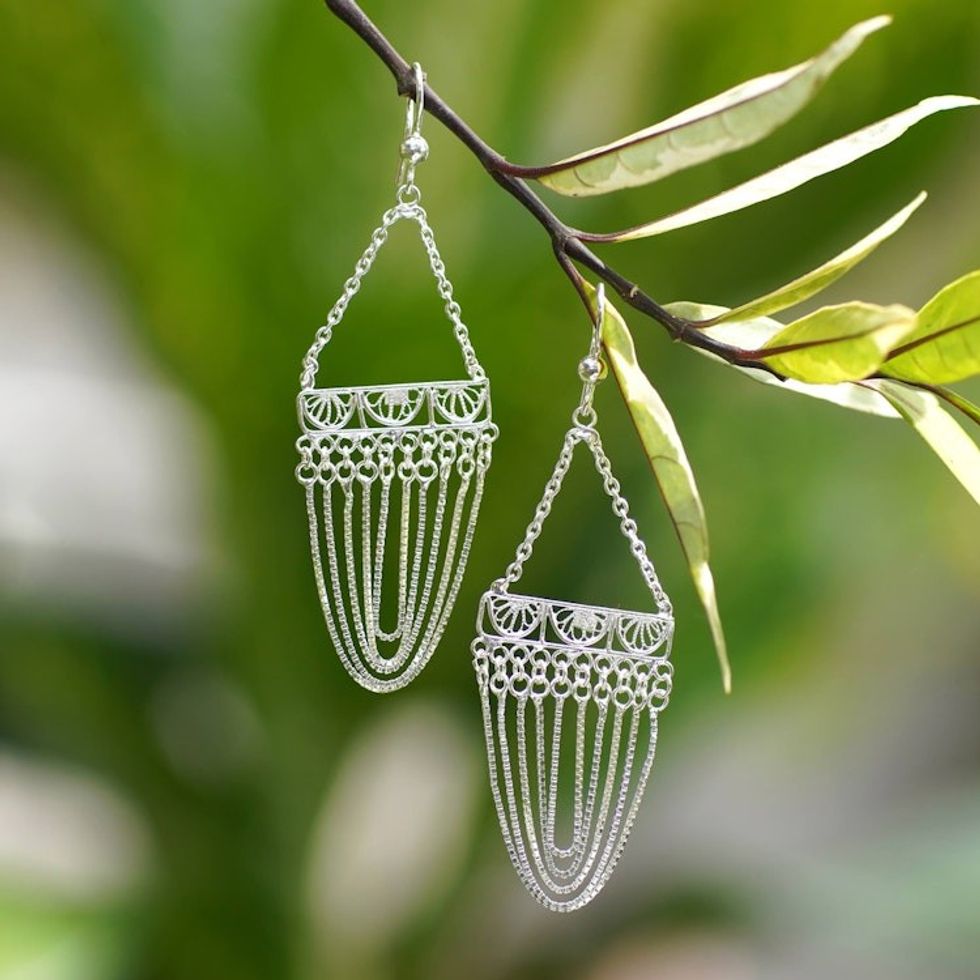 Sterling Silver Filigree Chain Dangle Earrings from Bali 'Graceful Strands'