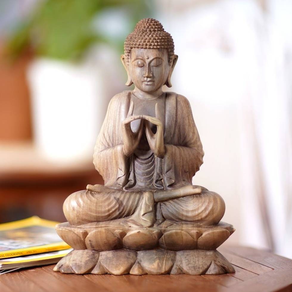 Balinese Hand Carved Hibiscus Wood Vitarka Buddha Statuette 'Vitarka Buddha on Lotus'