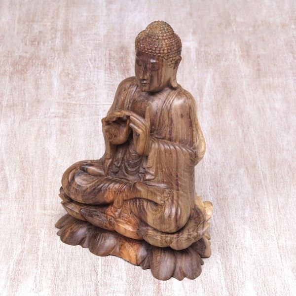 Alternate image for Balinese Hand Carved Hibiscus Wood Vitarka Buddha Statuette Vitarka Buddha on Lotus