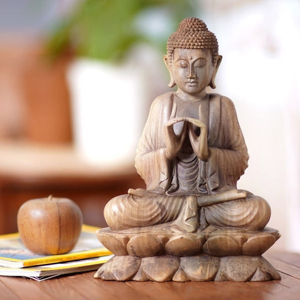 Alternate image for Balinese Hand Carved Hibiscus Wood Vitarka Buddha Statuette Vitarka Buddha on Lotus