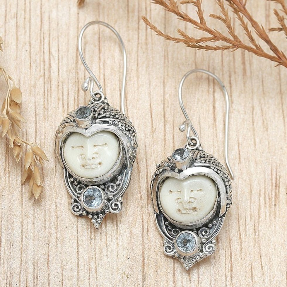 Blue Topaz and Cow Bone Sterling Silver Dangle Earrings 'Celuk Prince'