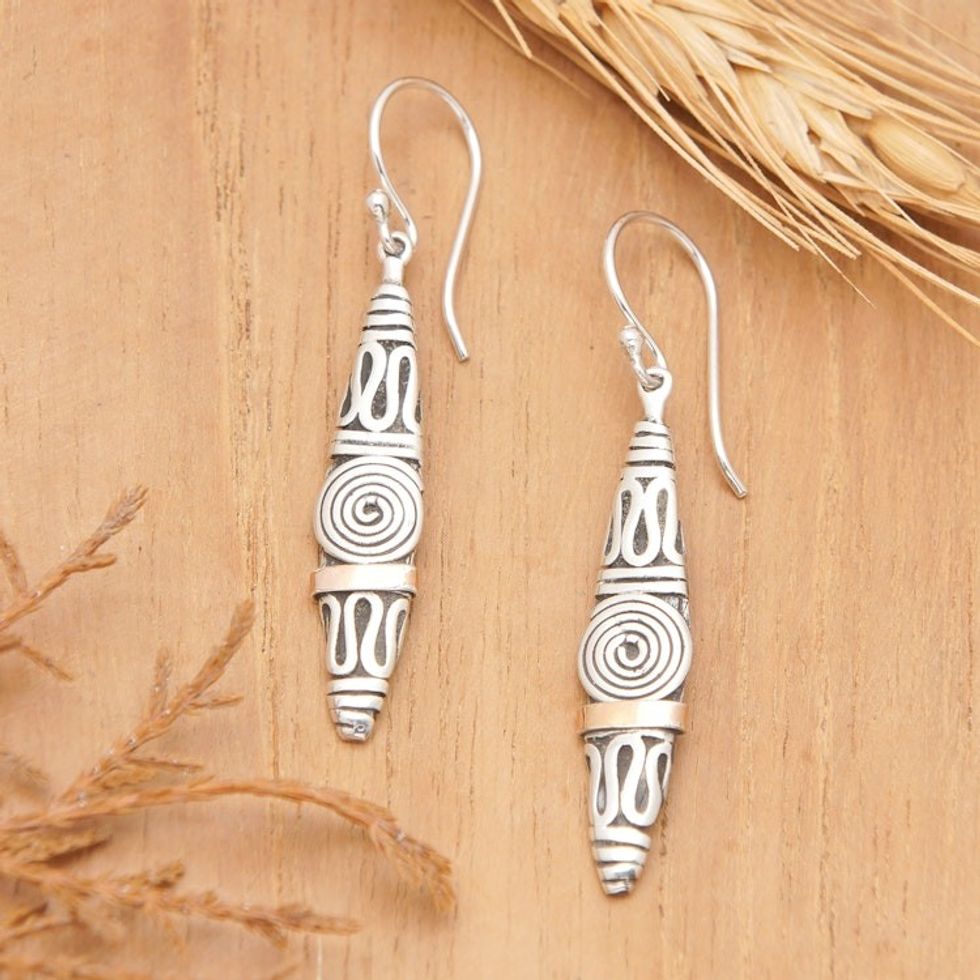 Gold Accent Sterling Silver Dangle Earrings from Indonesia 'Spiral Dreams'