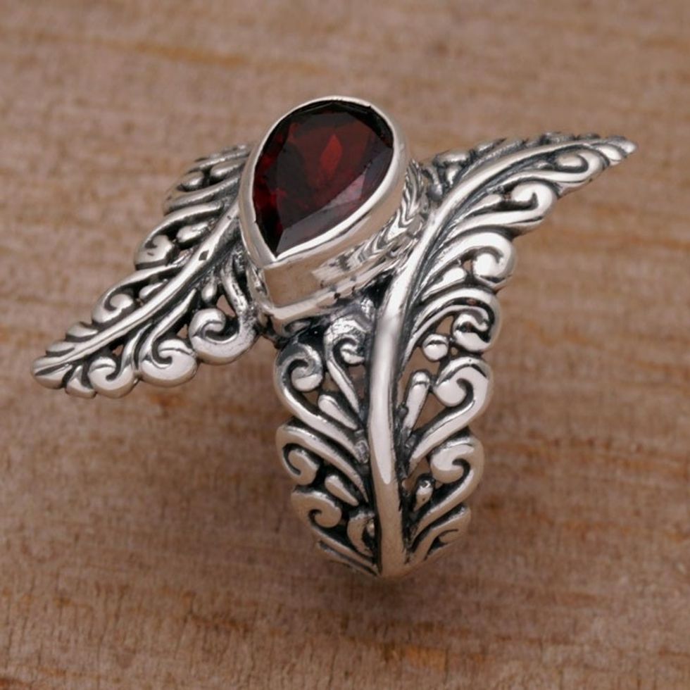 Garnet and Sterling Silver Fern Cocktail Ring from Bali 'Ferny Caress'