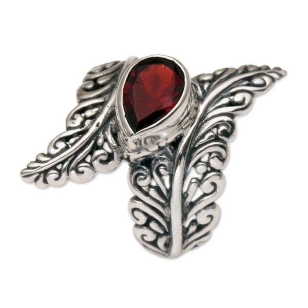 Alternate image for Garnet and Sterling Silver Fern Cocktail Ring from Bali Ferny Caress