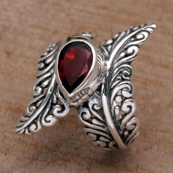 Alternate image for Garnet and Sterling Silver Fern Cocktail Ring from Bali Ferny Caress