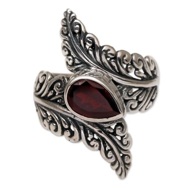 Alternate image for Garnet and Sterling Silver Fern Cocktail Ring from Bali Ferny Caress