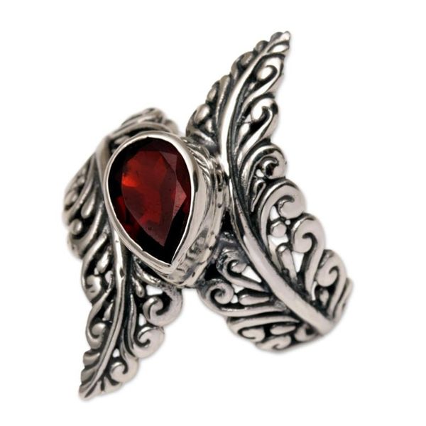 Alternate image for Garnet and Sterling Silver Fern Cocktail Ring from Bali Ferny Caress